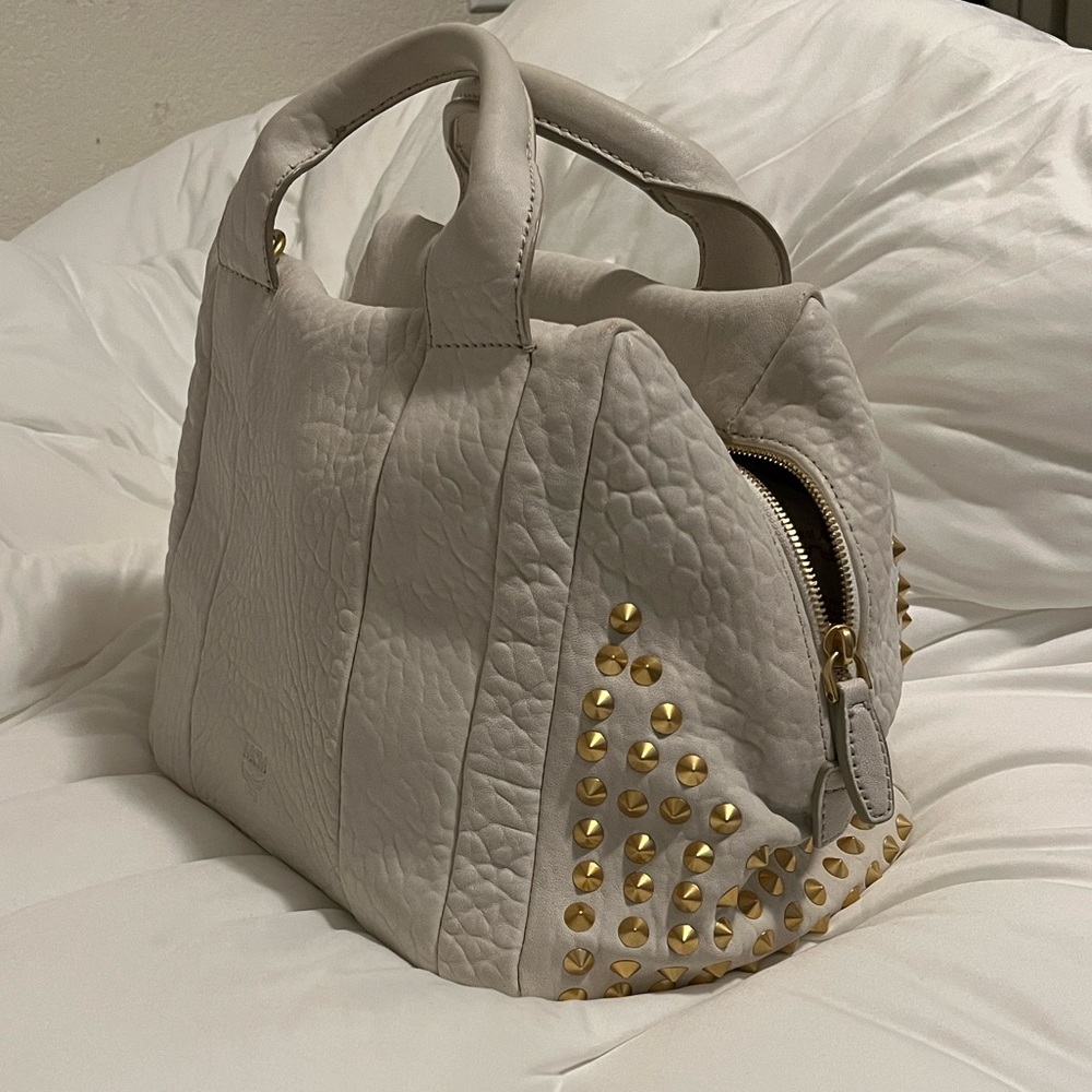MCM Pebbled Cream Leather Satchel with Gold Stud Accents - Picture 2 of 16